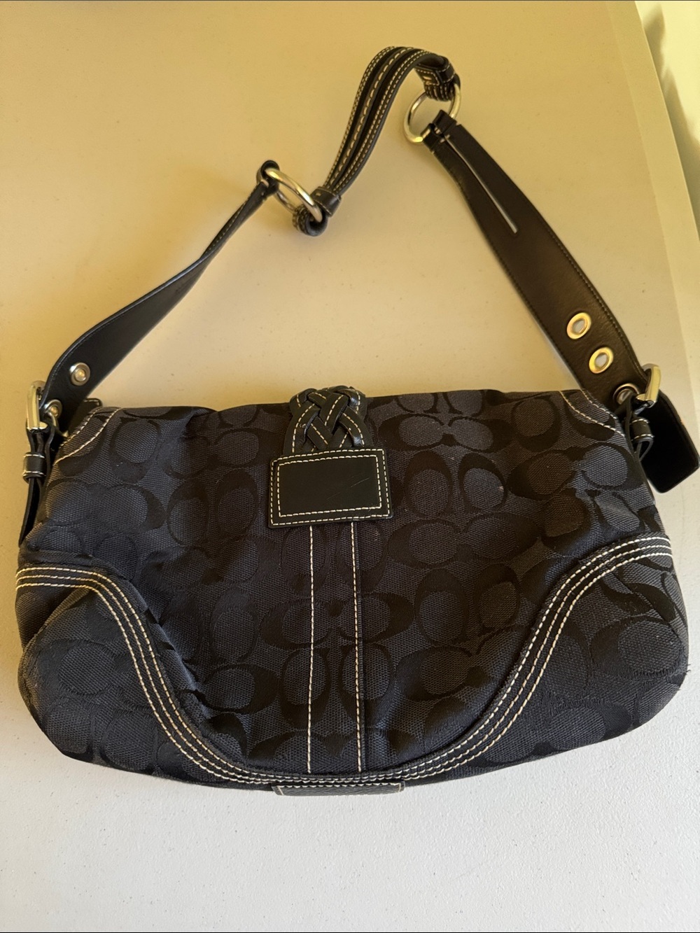 Coach Black Signature Canvas Shoulder Bag with Braided Strap Accent - Picture 4 of 6